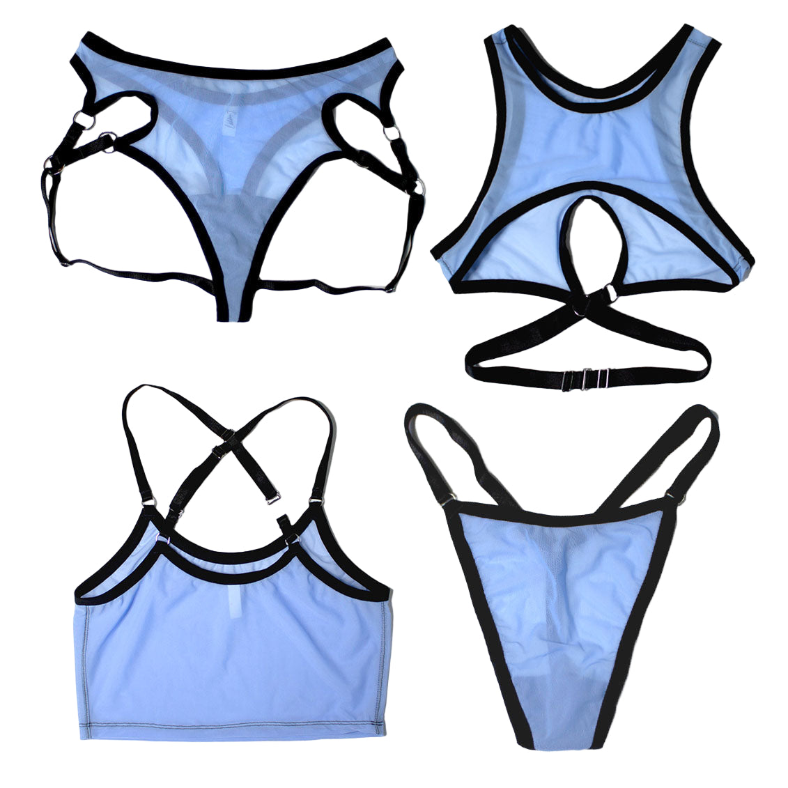 Set of blue and black women's lingerie on a white background