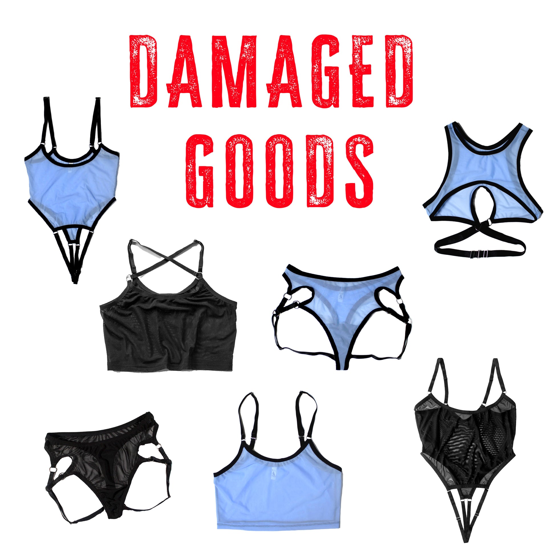 Damaged clothing items with 'Damaged Goods' text in red.